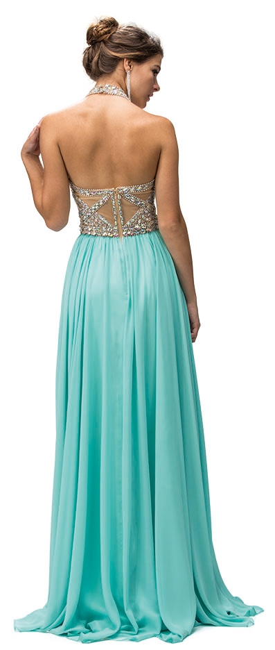 Halter Bejeweled Mesh Bodice Long Formal Prom dress  — in Mint