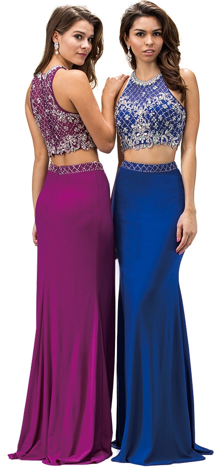 Bejeweled Top Floor Length Skirt Two Piece Prom Dress