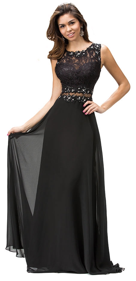 Mock Two Piece Lace Bodice Floor Length Prom Dress — in Black