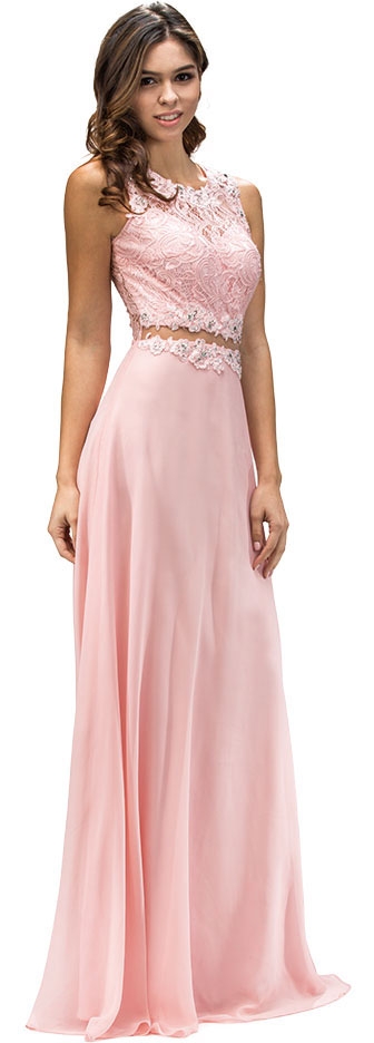 Mock Two Piece Lace Bodice Floor Length Prom Dress — in Blush
