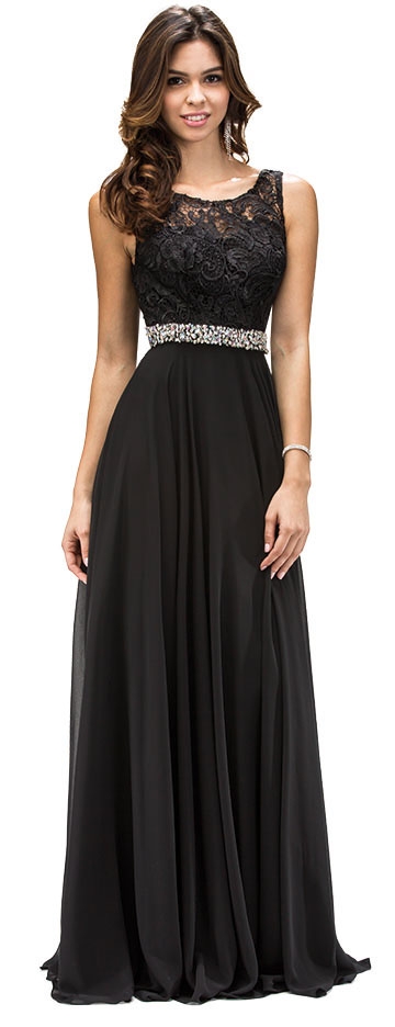 Lace Top Embellished Waist Long Formal Evening Dress — in Black