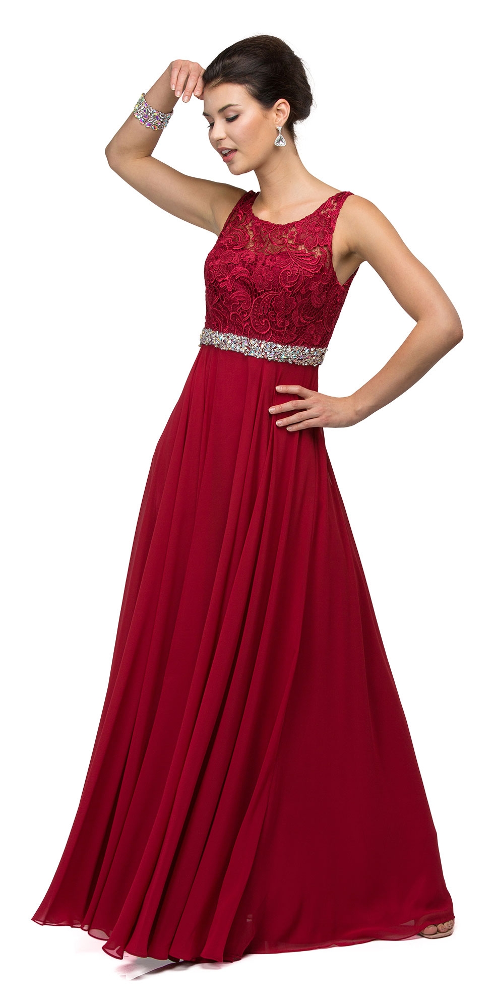 Lace Top Embellished Waist Long Formal Evening Dress