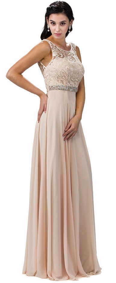 Lace Top Embellished Waist Long Formal Evening Dress — in Champaign
