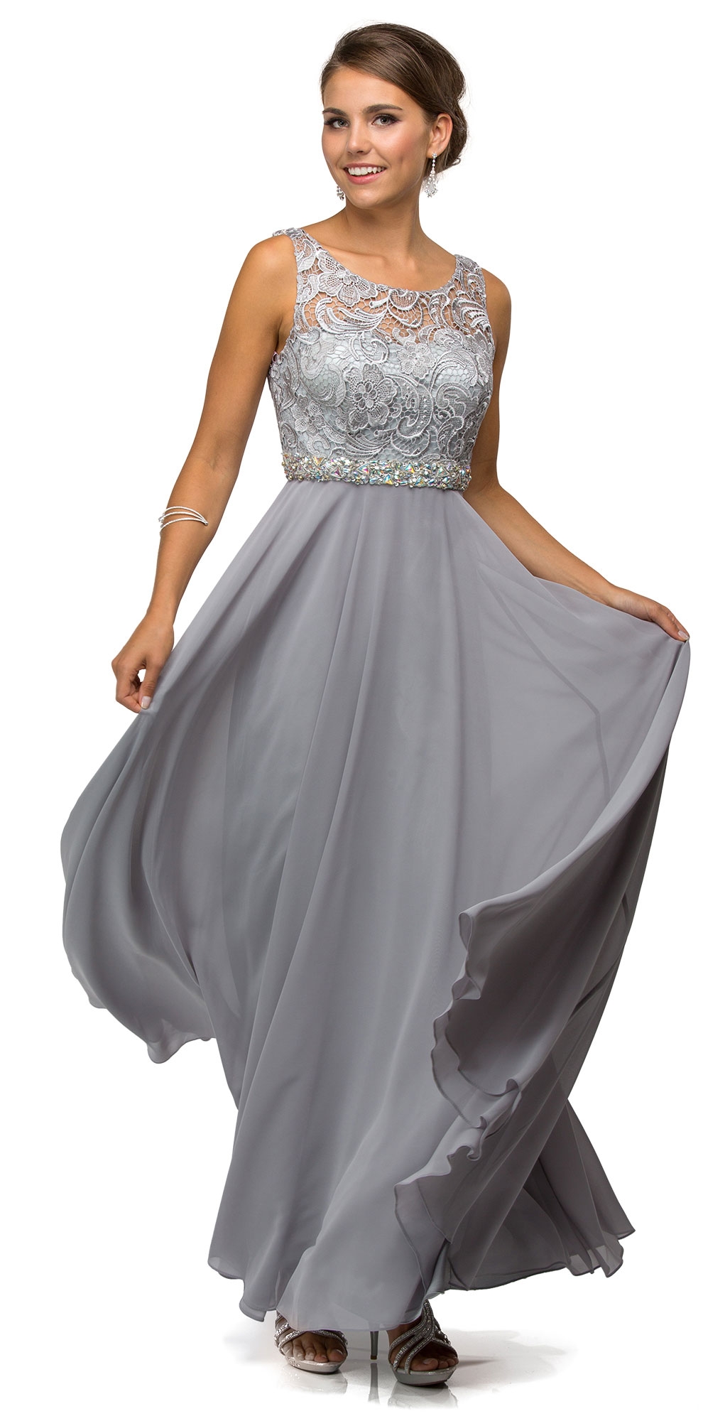 Lace Top Embellished Waist Long Formal Evening Dress — in Silver