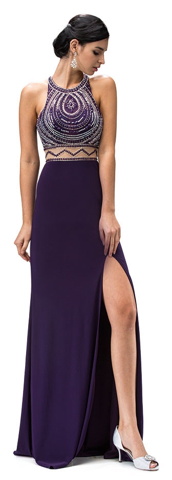 Sleeveless Beaded Top High Neck Long Formal Prom Dress — in Purple