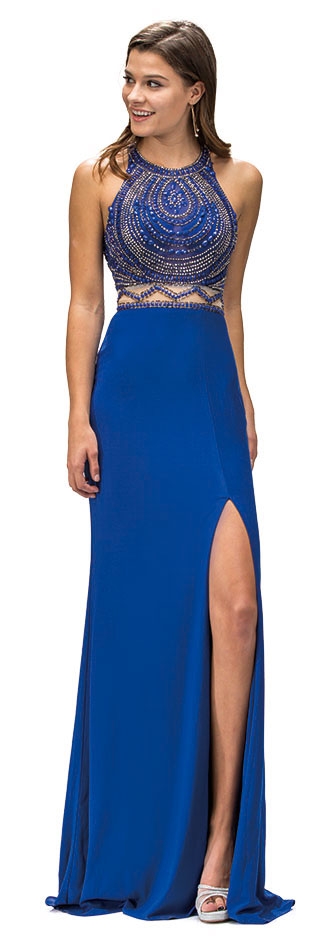 Sleeveless Beaded Top High Neck Long Formal Prom Dress