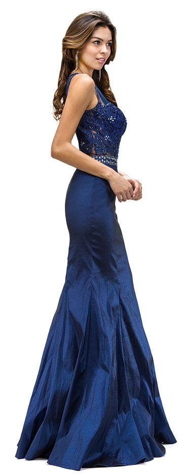 Lace Accent Sheer Mesh Top Flared Long Prom Dress