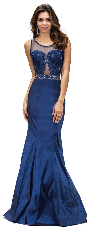 Lace Accent Sheer Mesh Top Flared Long Prom Dress — in an alternative image