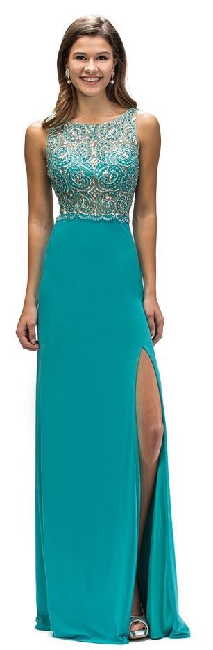 Boat Neck Jewel Mesh Top Long Formal Prom Dress — in Teal