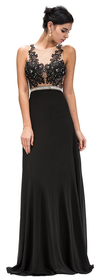 Sheer Mesh Beaded Lace Bodice Long Formal Prom Dress