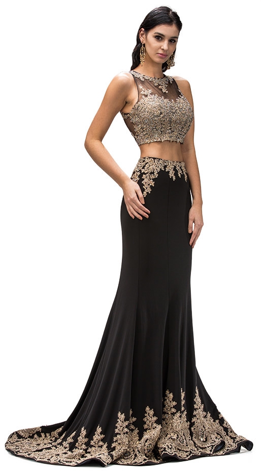 Floral Lace Accents Two Piece Long Formal Prom Dress