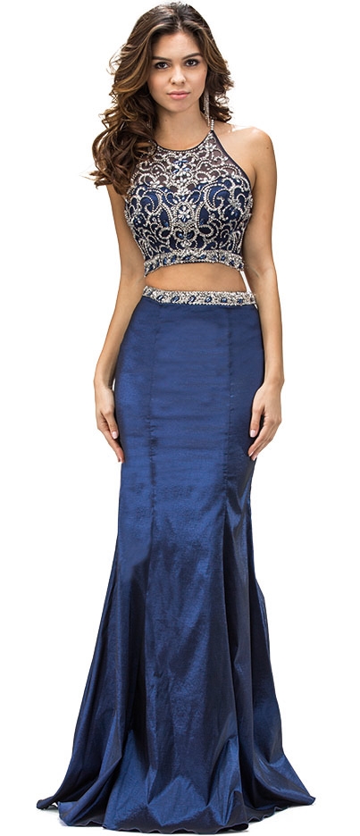 Racerback Bejeweled Top Taffeta Skirt Two Piece Prom Dress