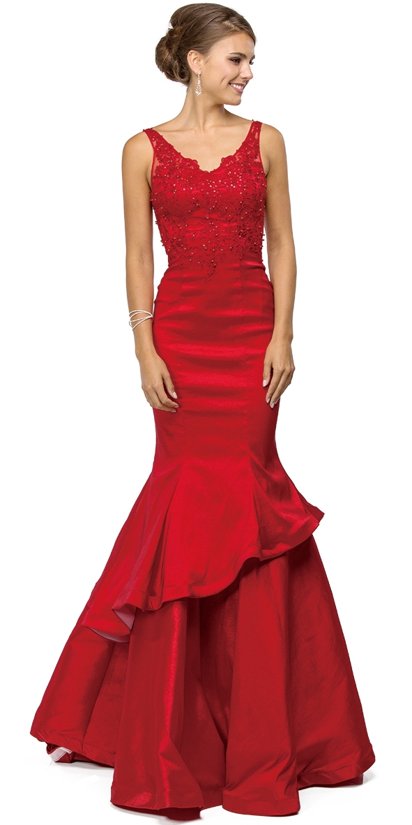 V-neck Lace Bodice Layered Skirt Formal Long Prom Dress — in Red
