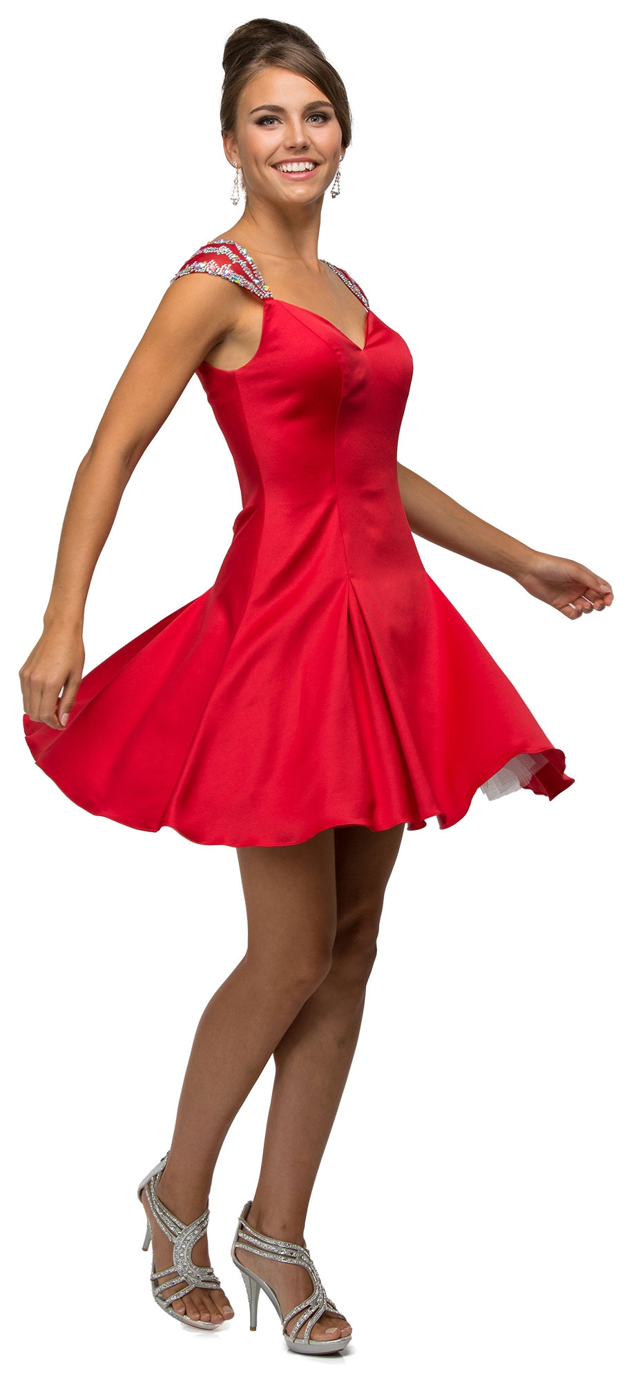 Jeweled Cap Sleeves Flared Short Homecoming Party Dress — in Red