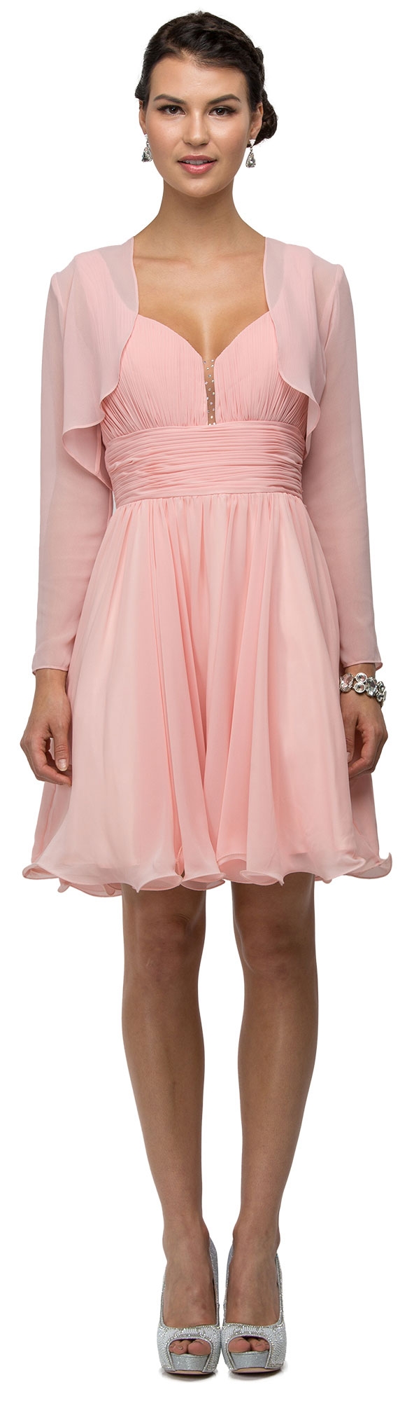 V-Neck Ruched Bodice Short Homecoming Bridesmaid Dress — in an alternative image