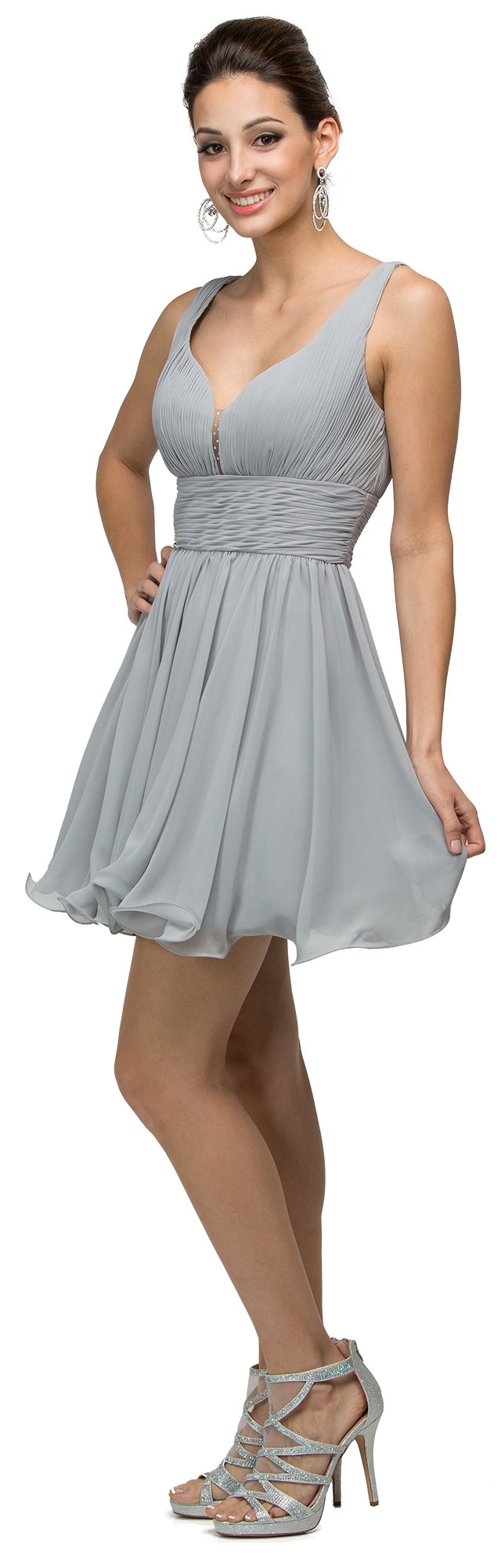 V-Neck Ruched Bodice Short Homecoming Bridesmaid Dress — in Silver