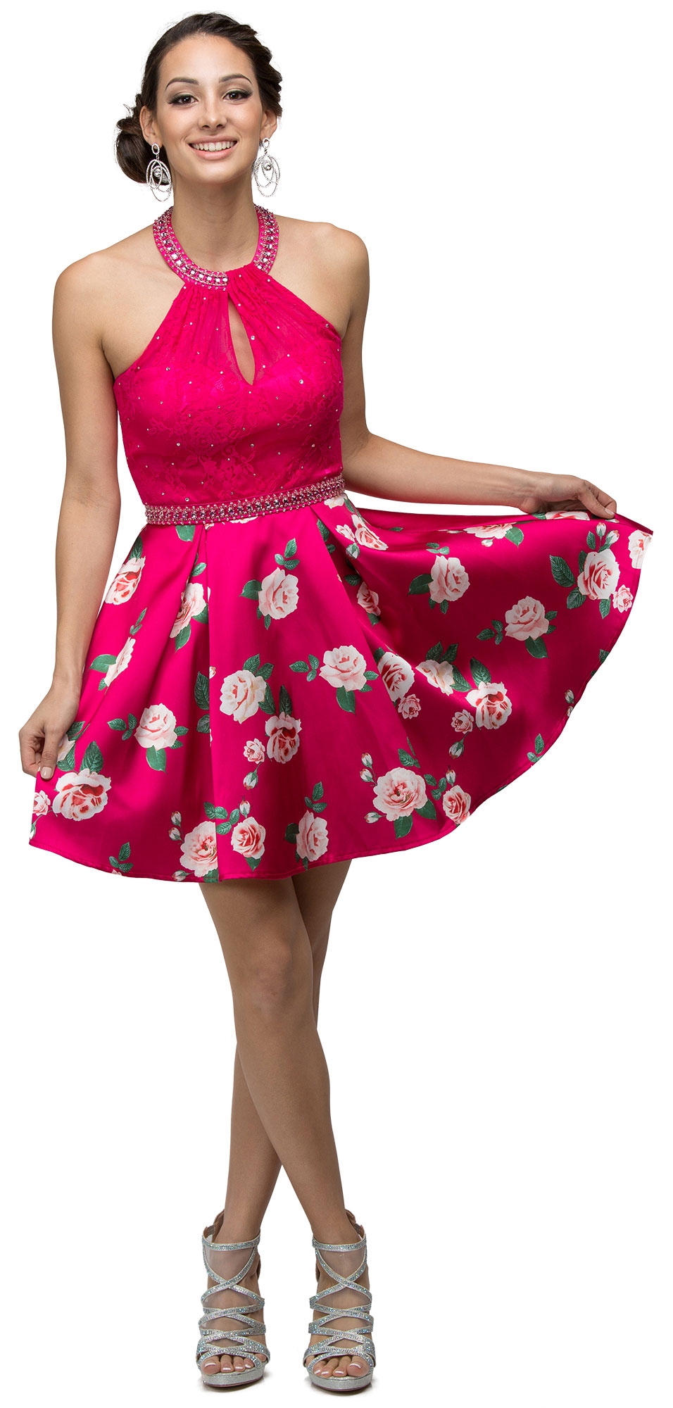 Lace Halter Top Floral Print Skirt Short Homecoming Dress — in an alternative image