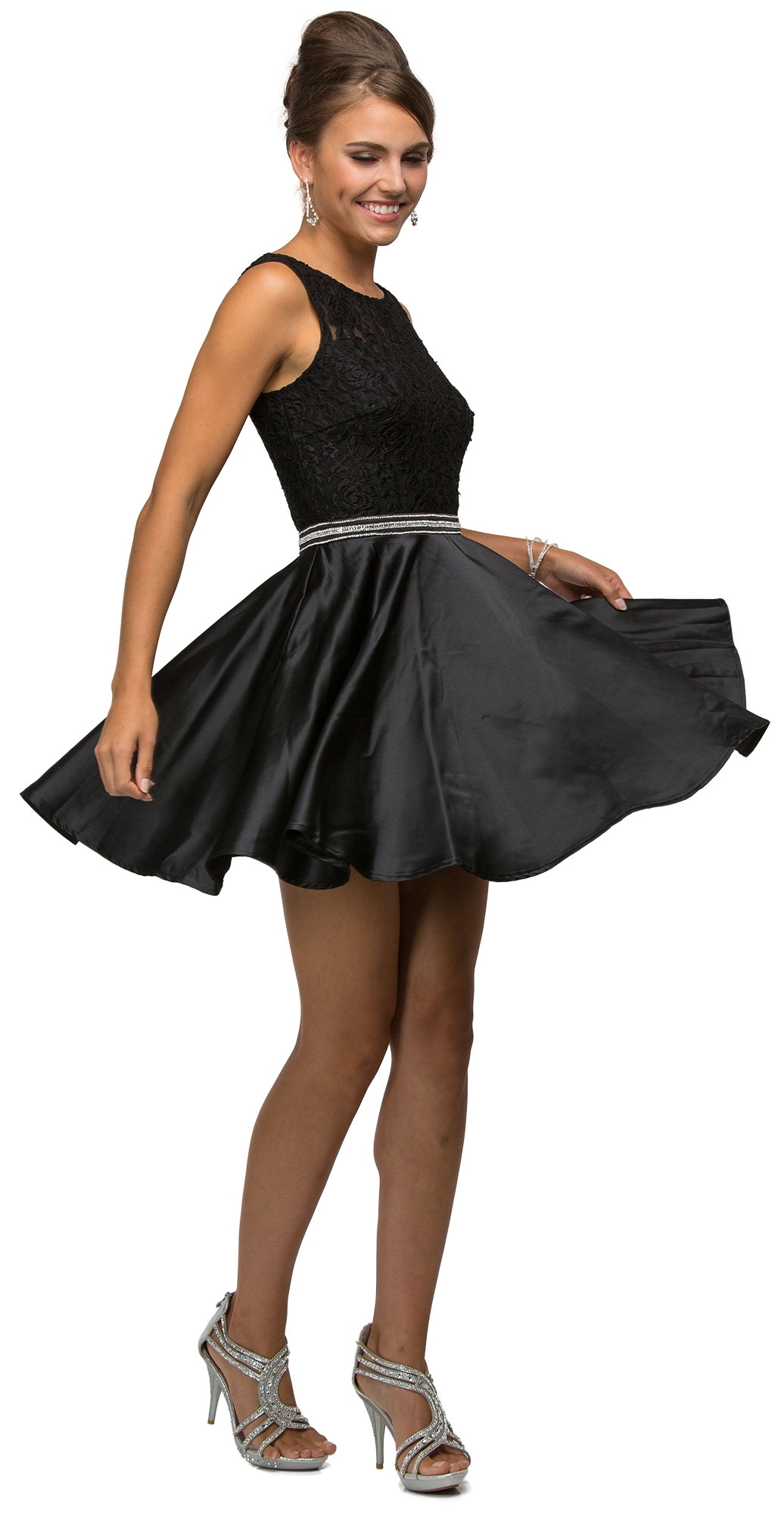 Lace Bodice Beaded Waist Short Homecoming Graduation Dress — in Black