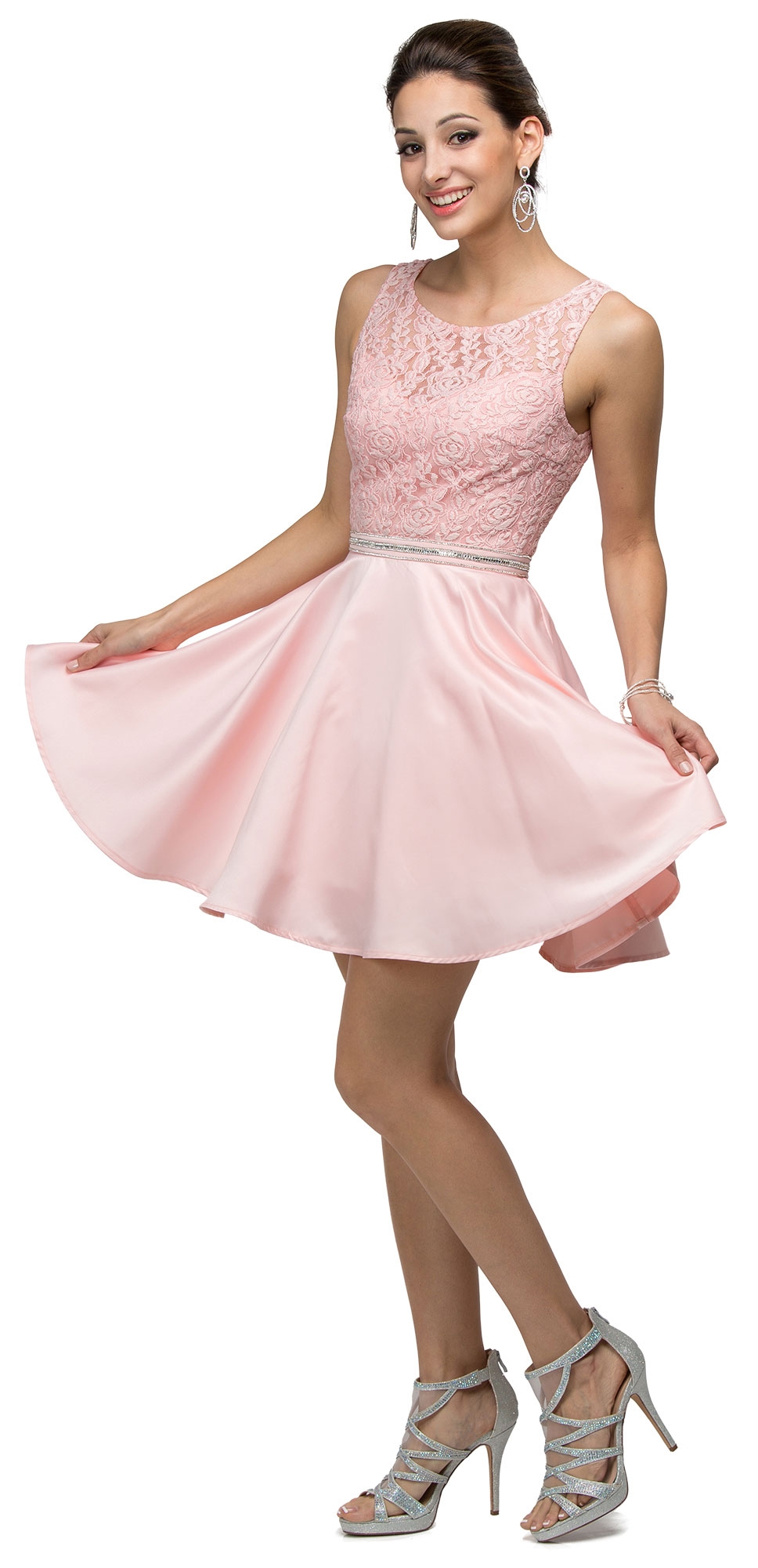 Lace Bodice Beaded Waist Short Homecoming Graduation Dress — in Blush