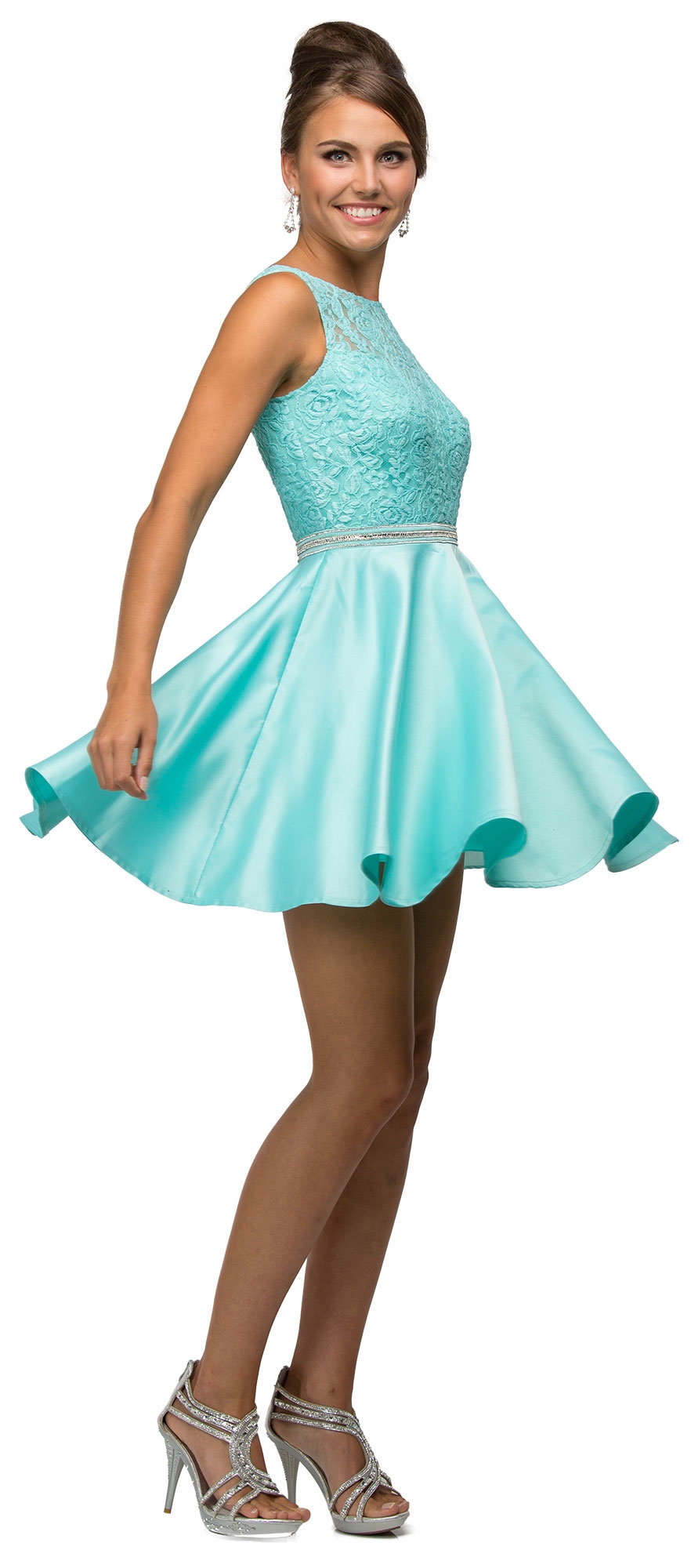 Lace Bodice Beaded Waist Short Homecoming Graduation Dress — in Mint