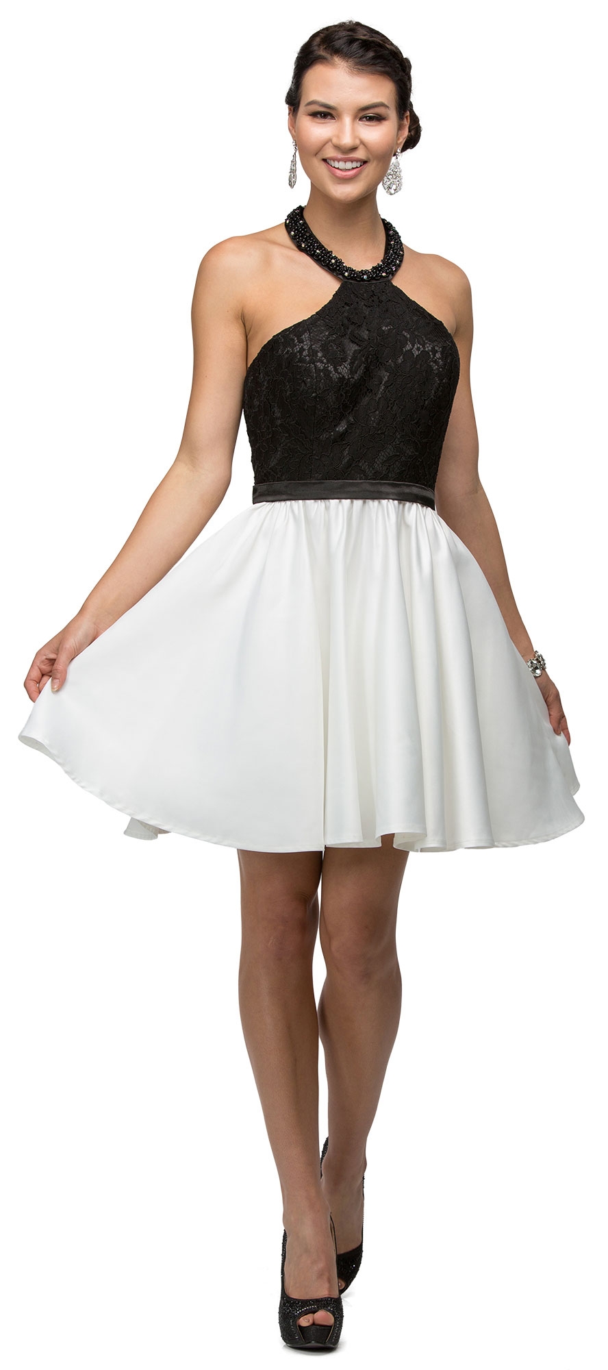 Halter Lace Top Beaded Neck Short Homecoming Party Dress