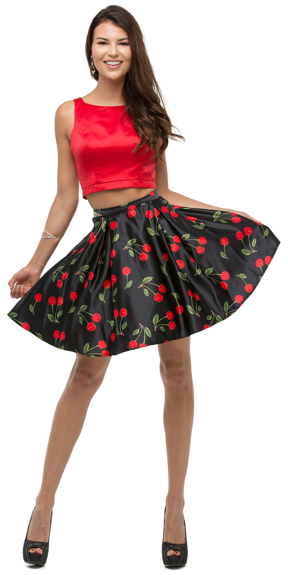 Cherry Print Short Two Piece Party Homecoming Dress — in an alternative image