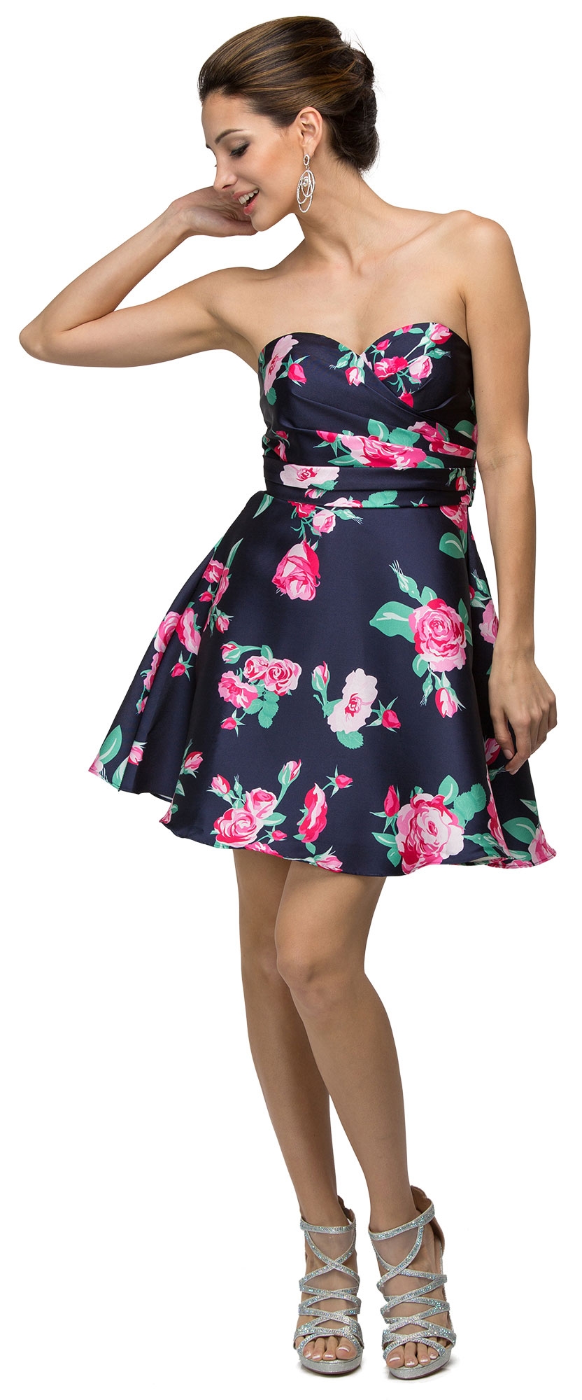 Strapless Sweetheart Neck Rose Print Short Homecoming Dress.