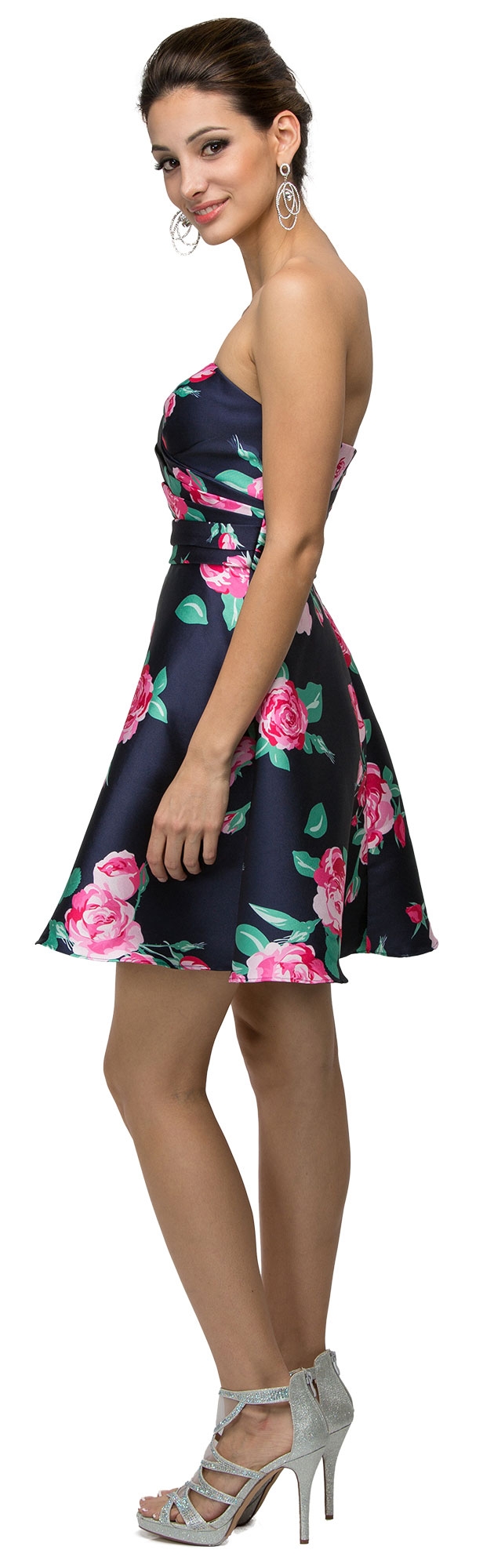 Strapless Sweetheart Neck Rose Print Short Homecoming Dress. — in an alternative image