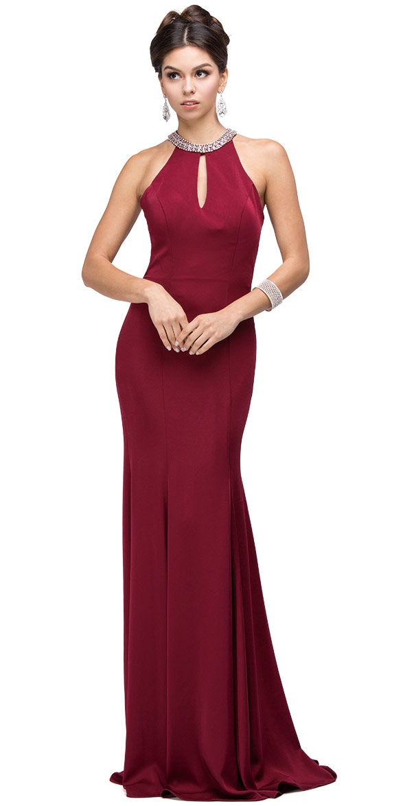 Jeweled Collar Cut Out Back Long Jersey Prom Dress