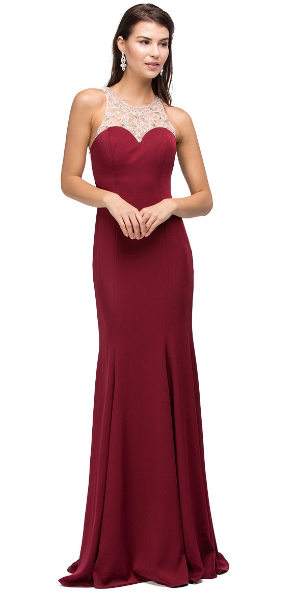 Rhinestones Mesh Neck & Back Long Formal Prom Dress — in Burgundy