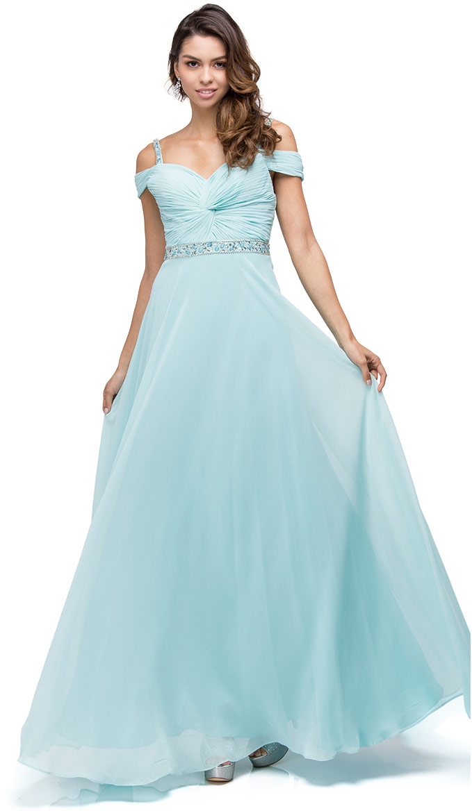 Cold Shoulder Beaded Waist Long Bridesmaid Prom Dress — in Aqua
