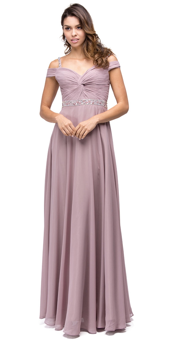 Cold Shoulder Beaded Waist Long Bridesmaid Prom Dress — in Mocha