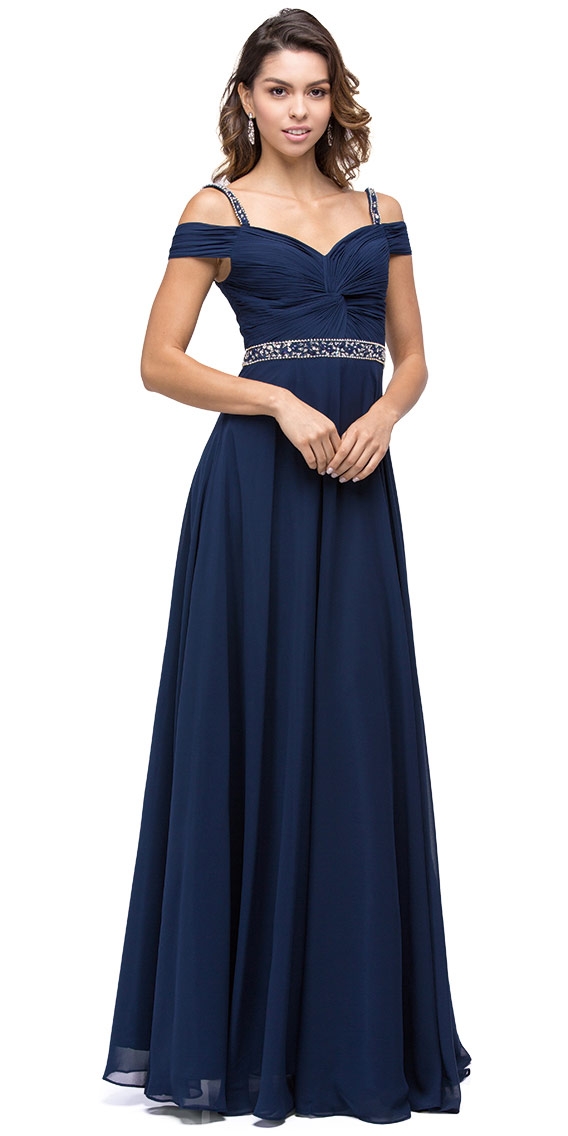 Cold Shoulder Beaded Waist Long Bridesmaid Prom Dress — in Navy