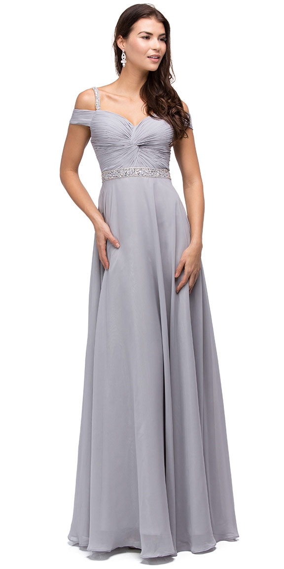 Cold Shoulder Beaded Waist Long Bridesmaid Prom Dress — in Silver