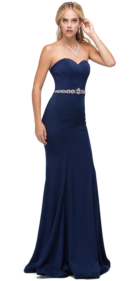 Sweetheart Neck Rhinestones Waist Long Jersey Prom Dress — in Navy