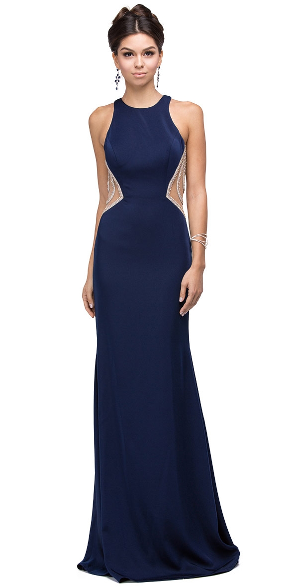 Embellished Mesh Accent Racerback Long Evening Prom Dress