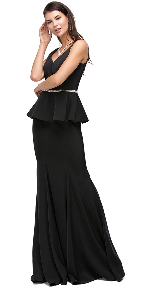 Deep V-Neck Peplum Bodice Long Formal Prom Dress — in Black