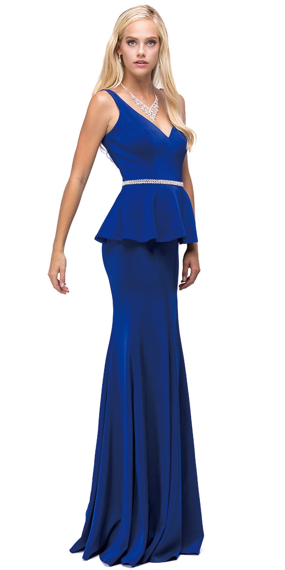 Deep V-Neck Peplum Bodice Long Formal Prom Dress — in Royal Blue