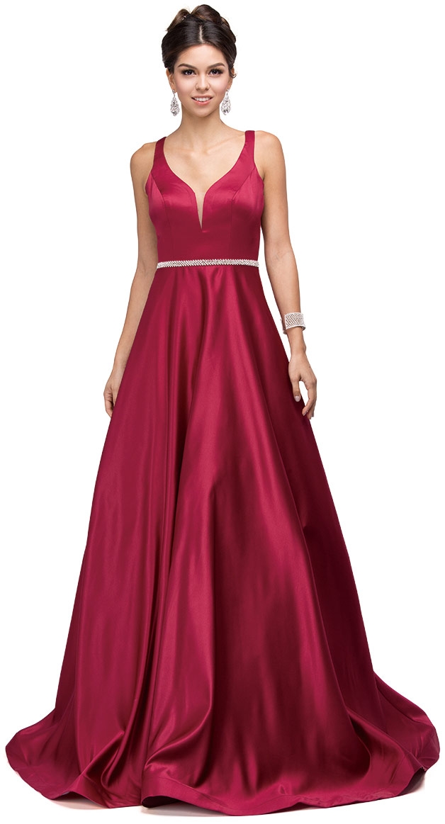 V-Neck Bejewel Waist Floor Length Puffy Prom Pageant Dress
