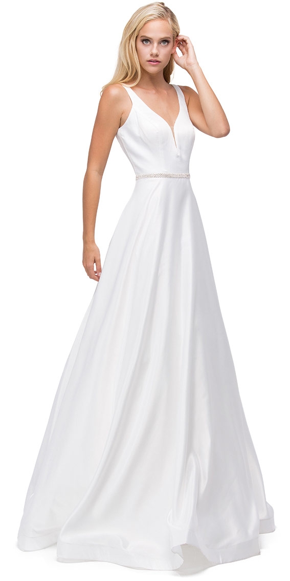 V-Neck Bejewel Waist Floor Length Puffy Prom Pageant Dress — in Off White