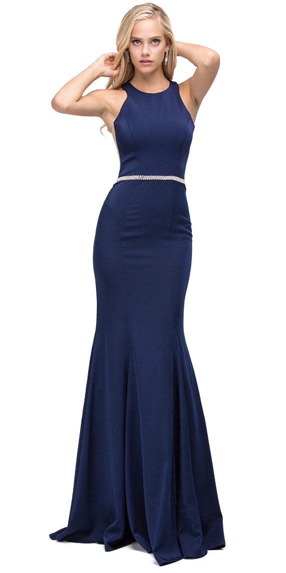Scoop Neck Bejeweled Waist Racerback Long Prom Dress — in Navy