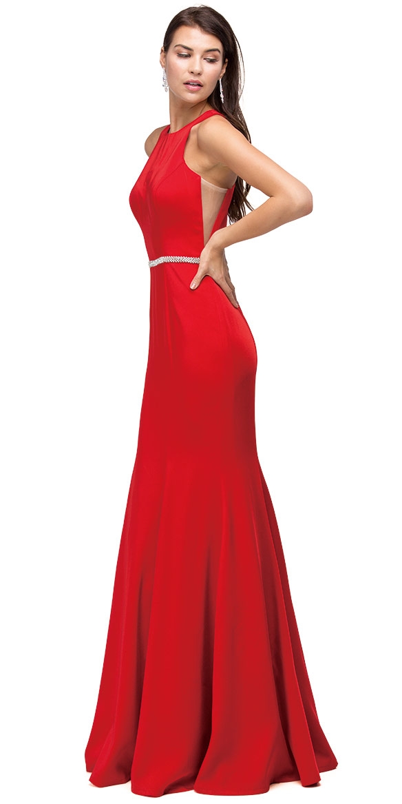 Scoop Neck Bejeweled Waist Racerback Long Prom Dress — in Navy