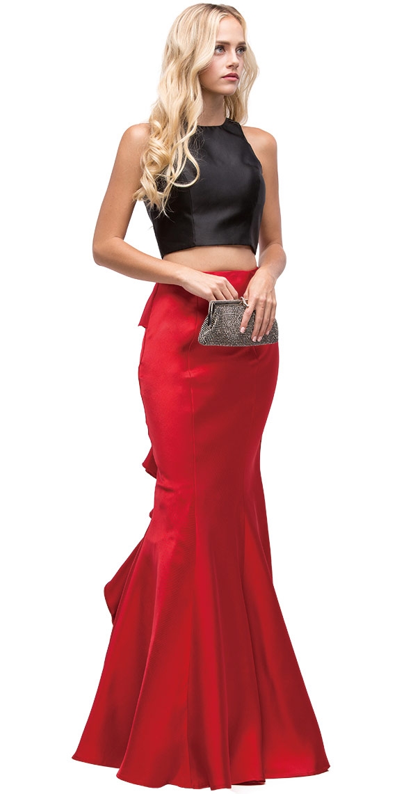 Short Top Long Ruffled Back Skirt Two Piece Prom Dress — in Red