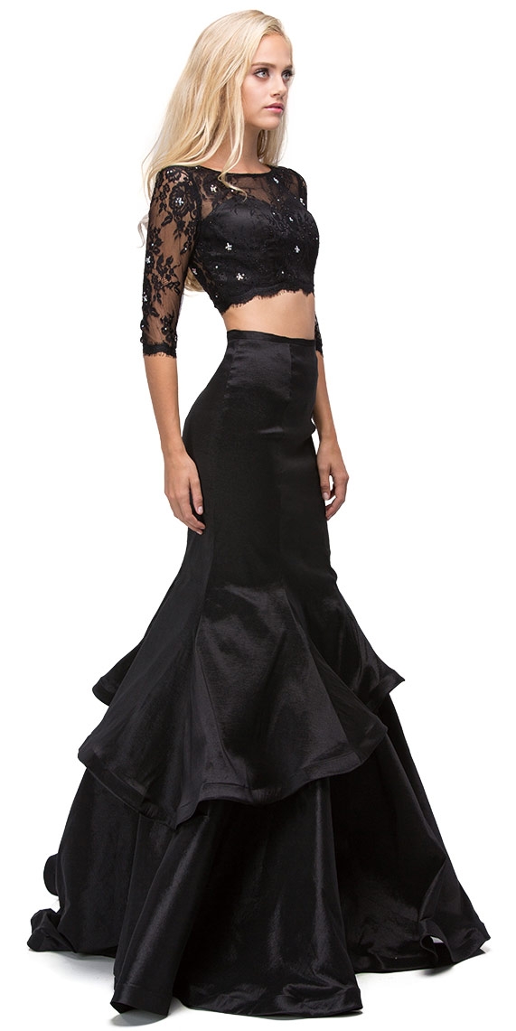 Floral Mesh Crop Top Mermaid Skirt Two Piece Prom Dress — in an alternative image