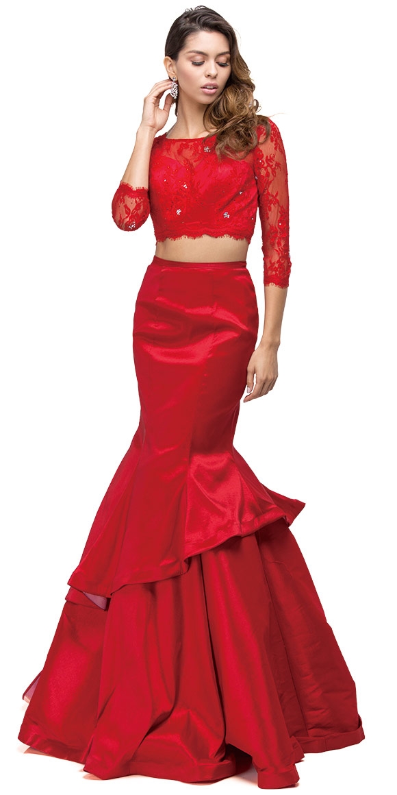 Floral Mesh Crop Top Mermaid Skirt Two Piece Prom Dress — in Red