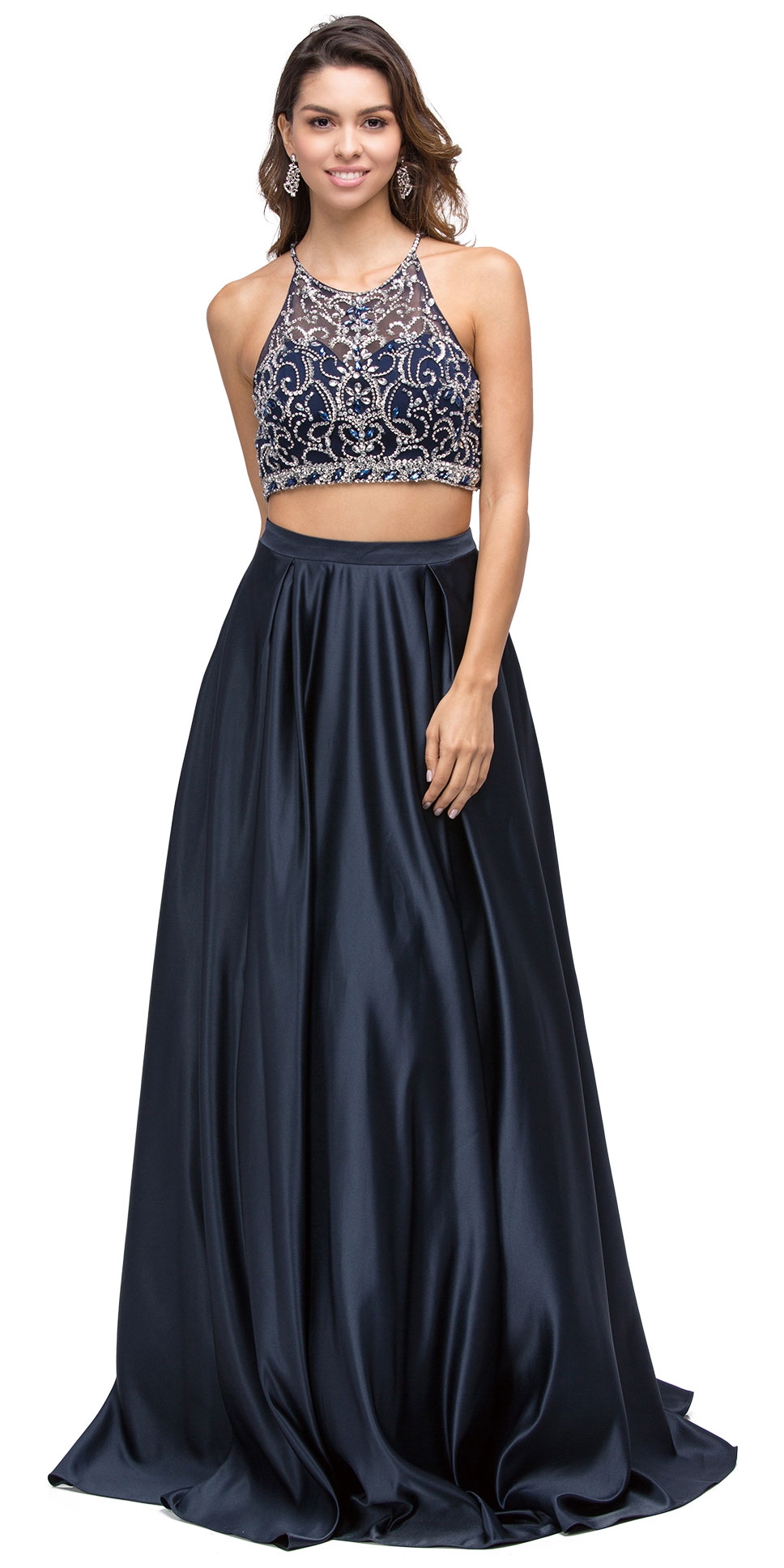 Beaded Racer Back Top Satin Long Prom Two-piece Dress