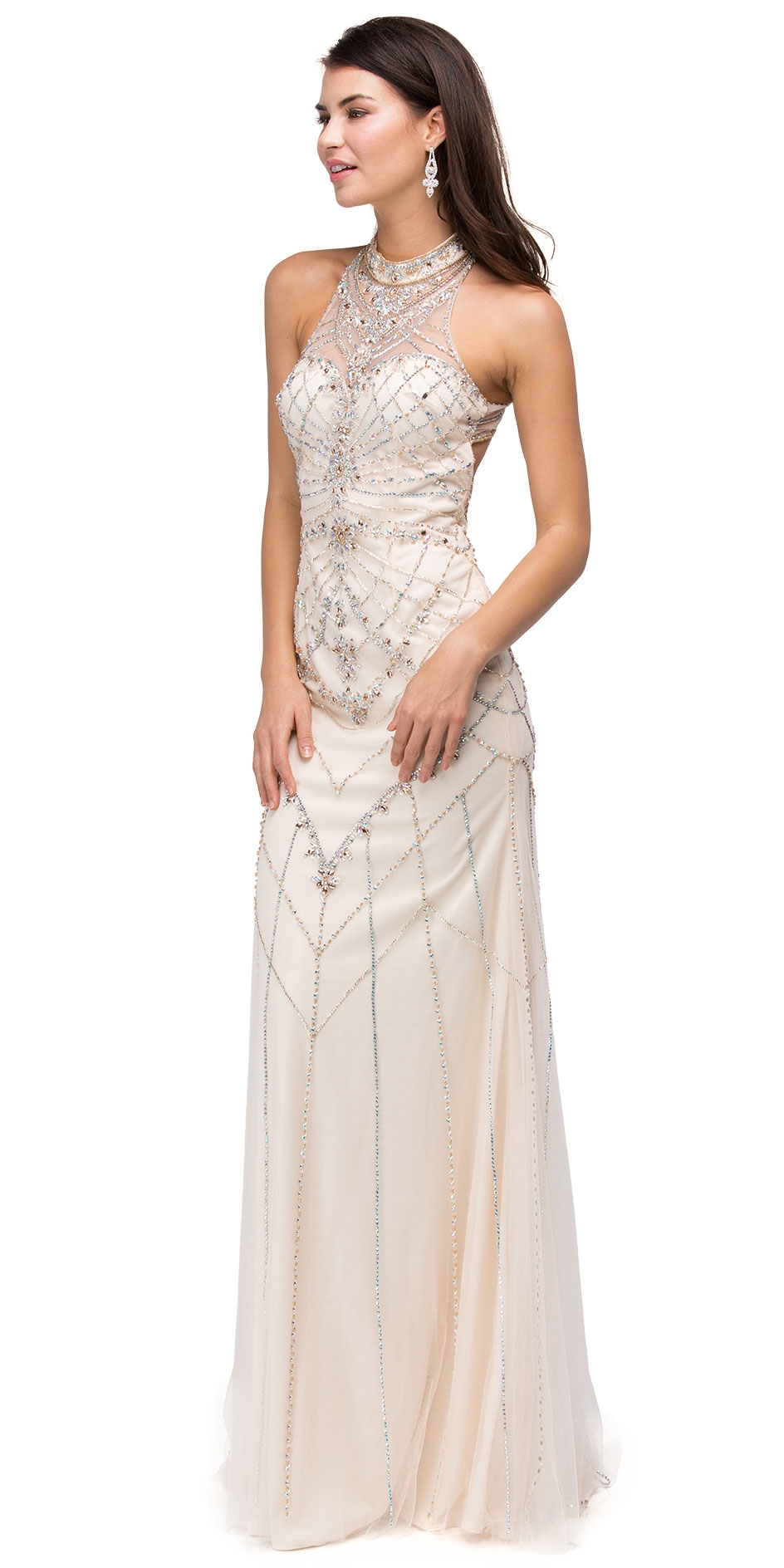 Glamorous Halter Open Back Beaded Prom Dress — in Gold