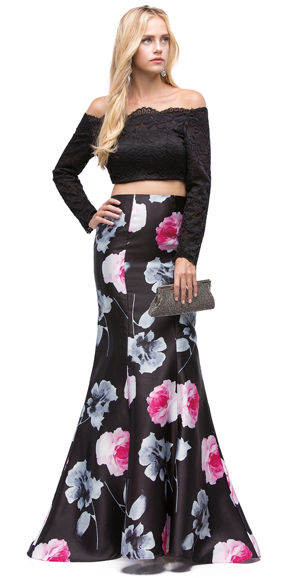 Off-the-Shoulder Lace Top Floral Skirt Two Piece Prom Dress — in Black