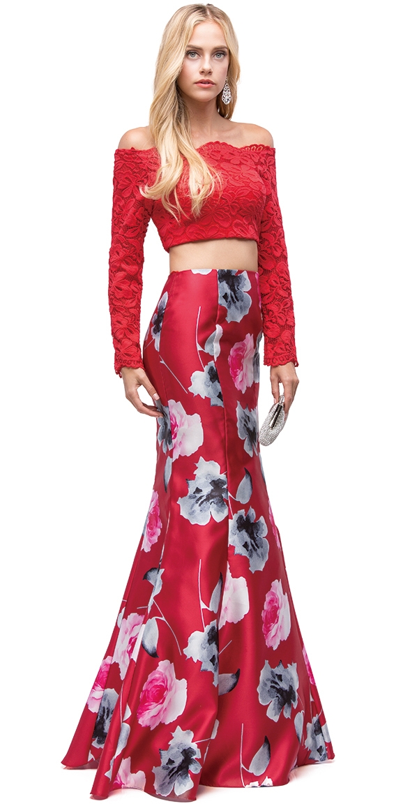 Off-the-Shoulder Lace Top Floral Skirt Two Piece Prom Dress