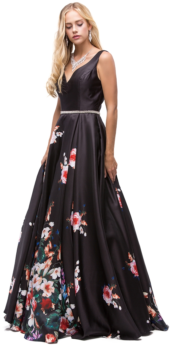 V-Neck Floral Print Rhinestones Waist A-line Long Prom Dress — in Black